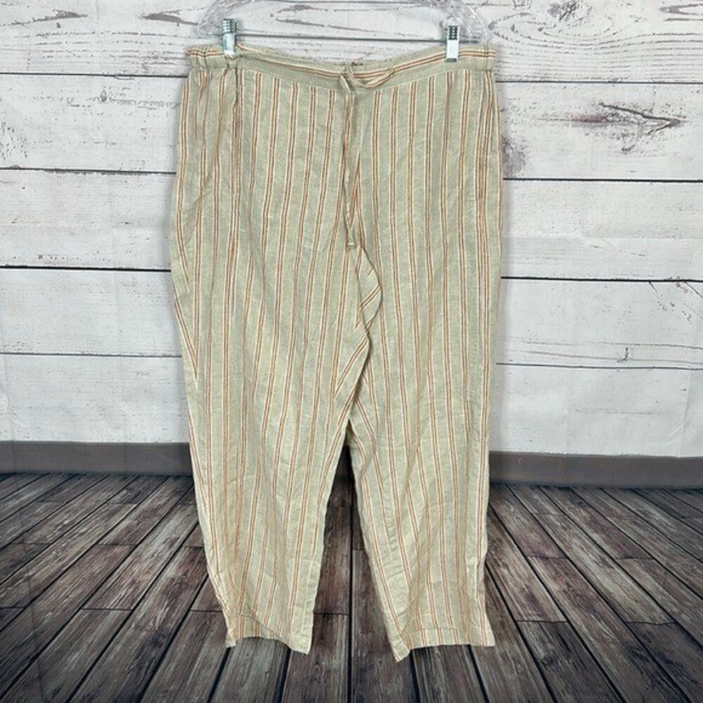 Coldwater Creek Pants Womens Large Tan Linen Striped Costal Beach Pull On